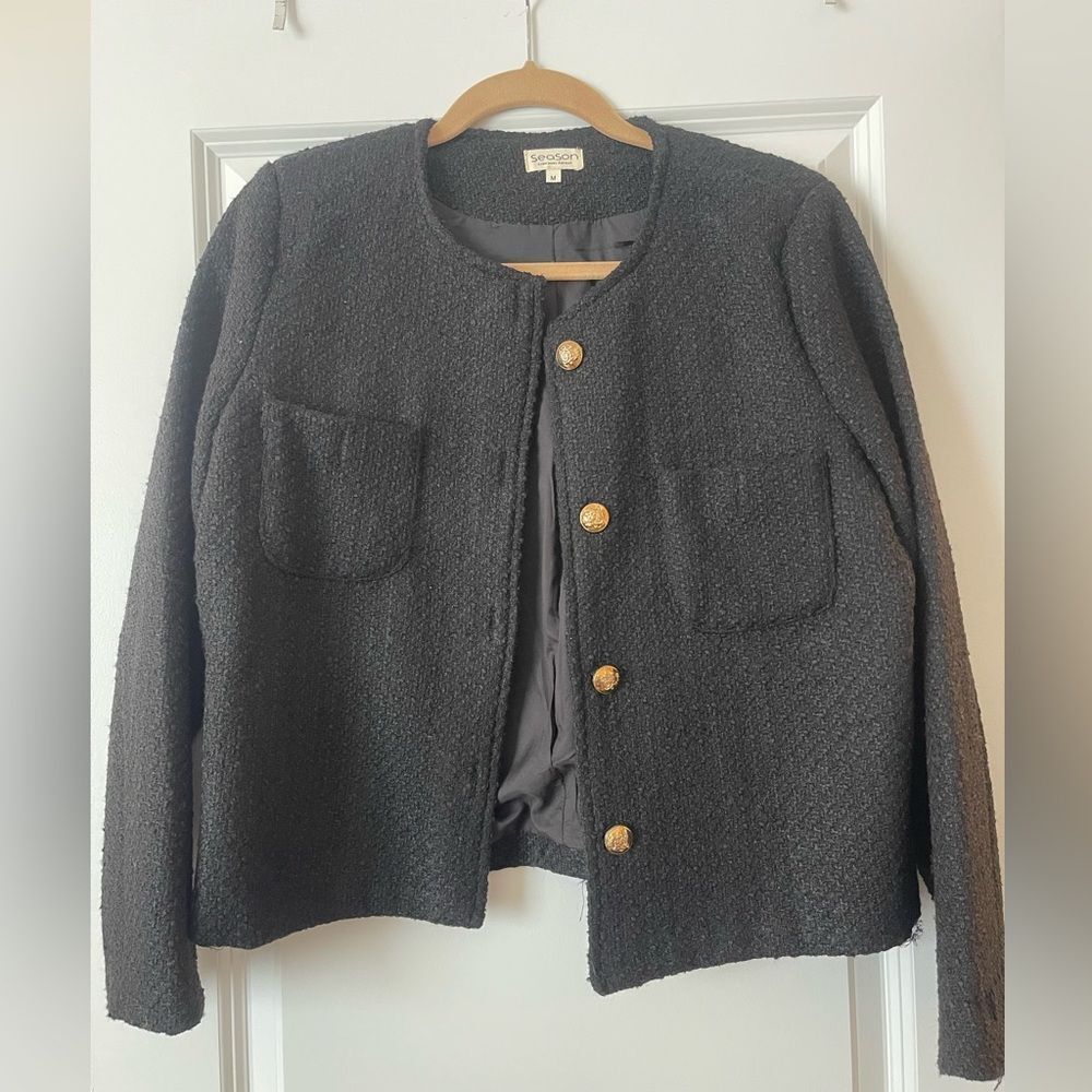 Classic Black Textured Blazer with Gold Buttons